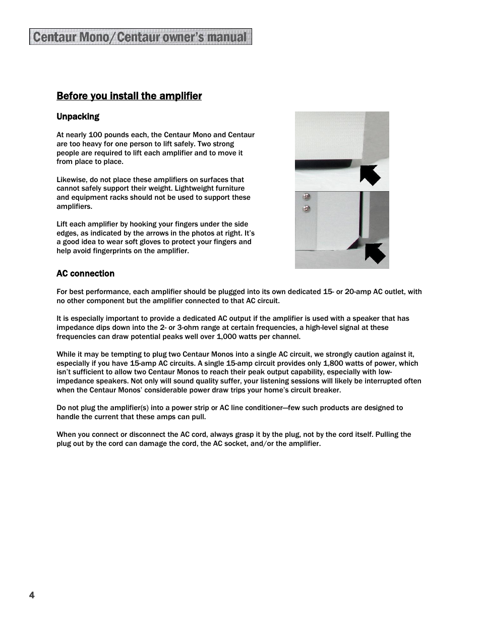 Before you install the amplifier | Constellation Audio Centaur and Centaur Mono User Manual | Page 4 / 16