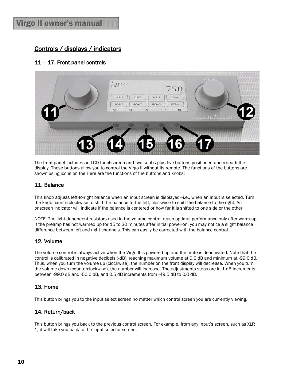 Controls / displays / indicators | Constellation Audio Virgo II Preamplifier User Manual | Page 10 / 18