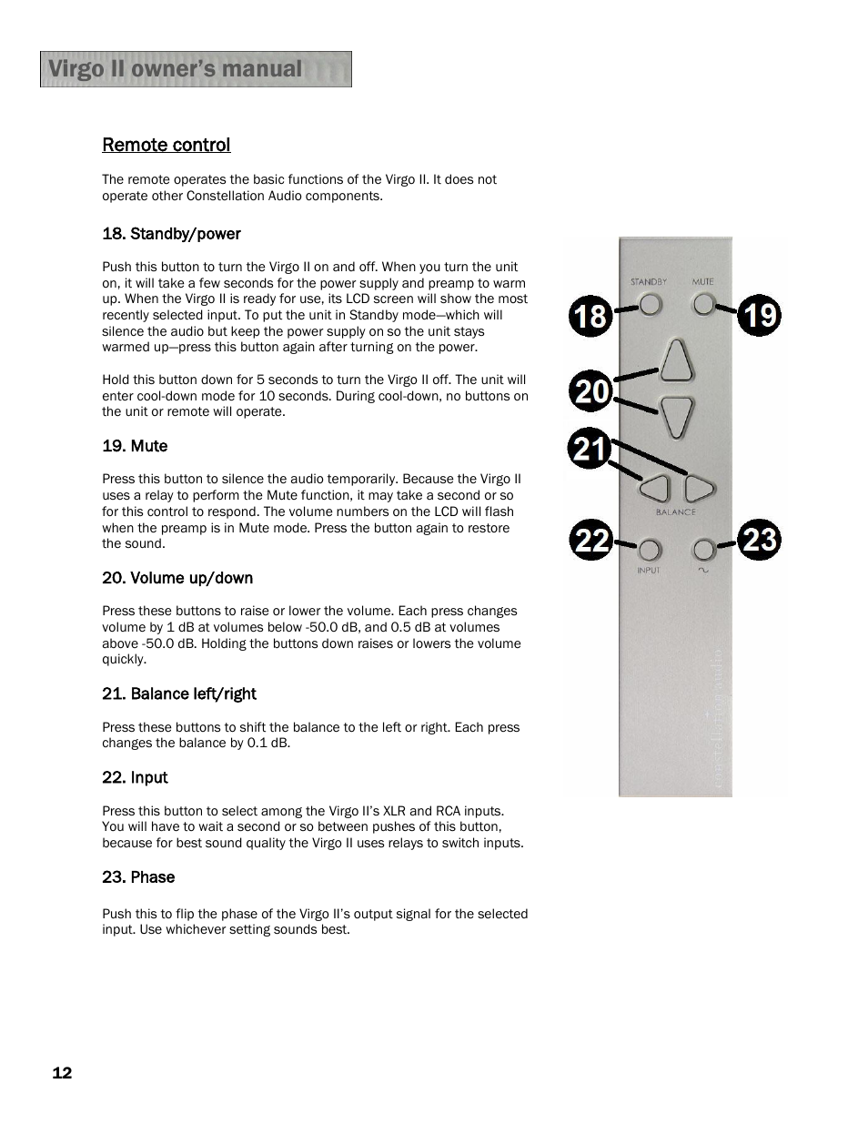 Remote control | Constellation Audio Virgo II Preamplifier User Manual | Page 12 / 18
