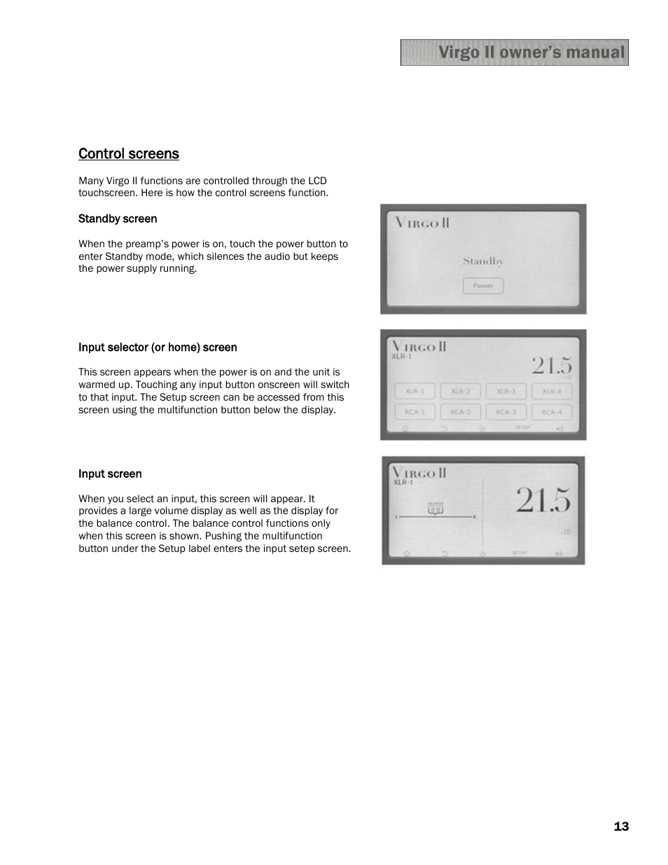 Control screens | Constellation Audio Virgo II Preamplifier User Manual | Page 13 / 18