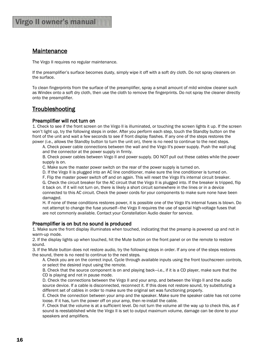 Maintenance, Troubleshooting | Constellation Audio Virgo II Preamplifier User Manual | Page 16 / 18