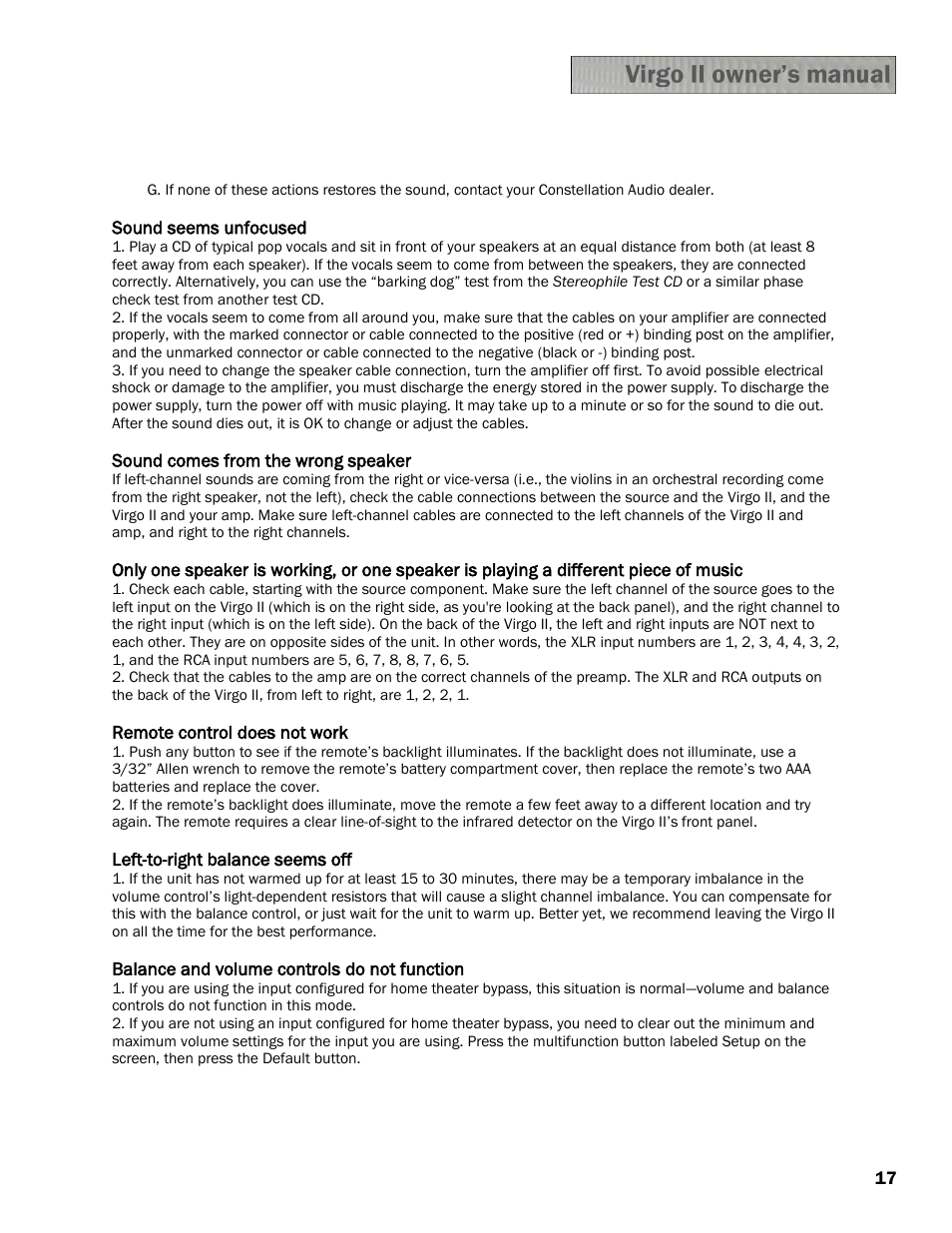 Constellation Audio Virgo II Preamplifier User Manual | Page 17 / 18