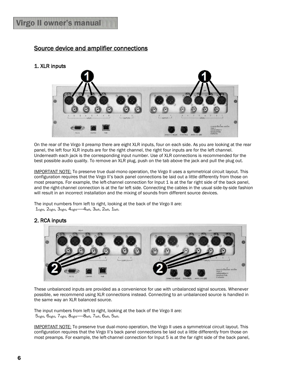 Source device and amplifier connections, Xlr inputs, Rca inputs | Constellation Audio Virgo II Preamplifier User Manual | Page 6 / 18