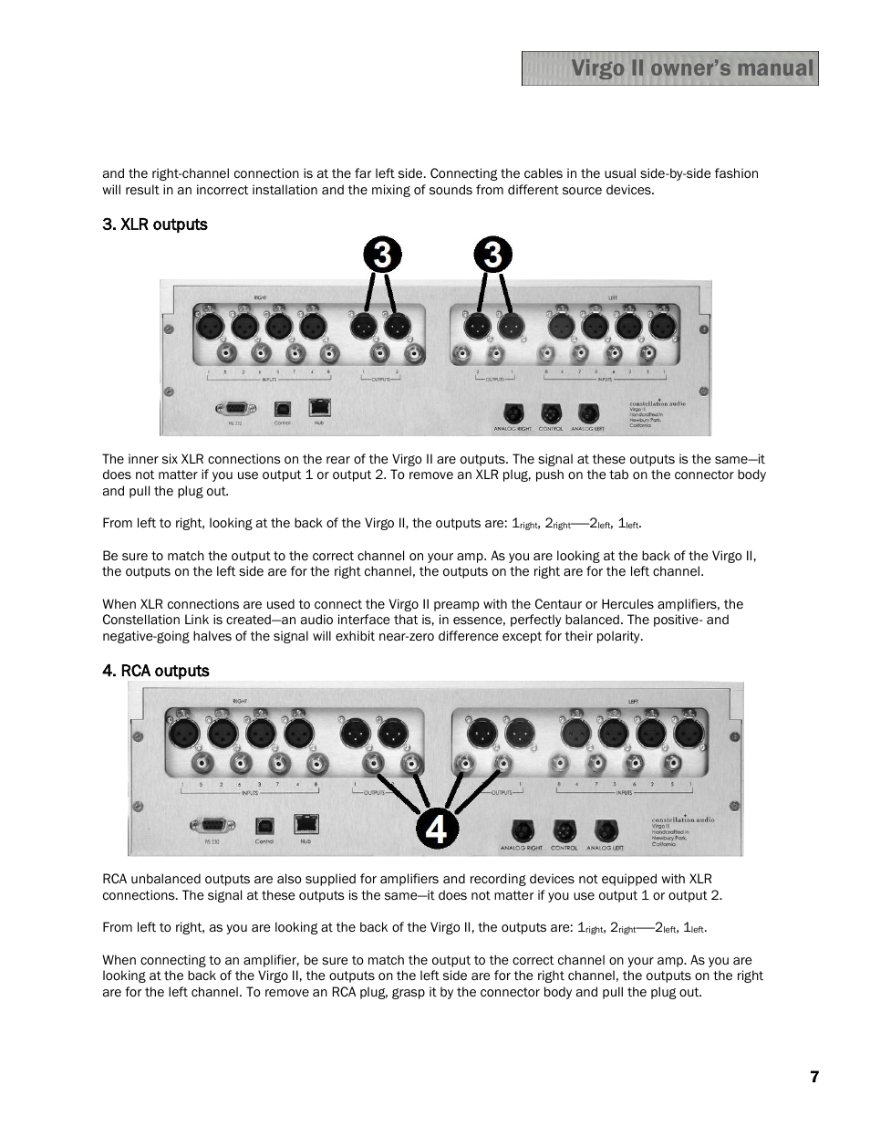Xlr outputs, Rca outputs | Constellation Audio Virgo II Preamplifier User Manual | Page 7 / 18