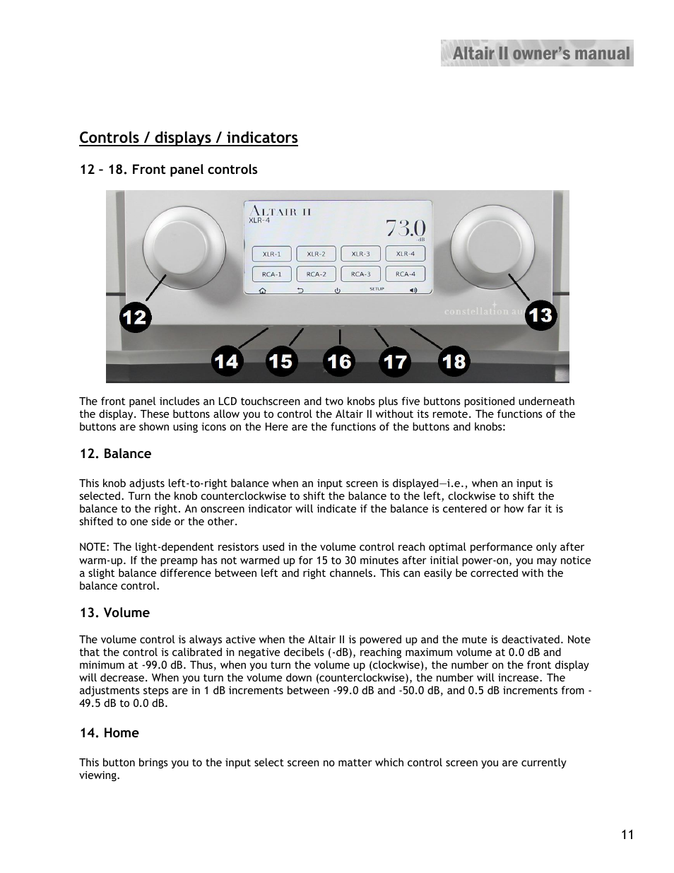 Controls / displays / indicators | Constellation Audio Altair II Line Stage User Manual | Page 11 / 19