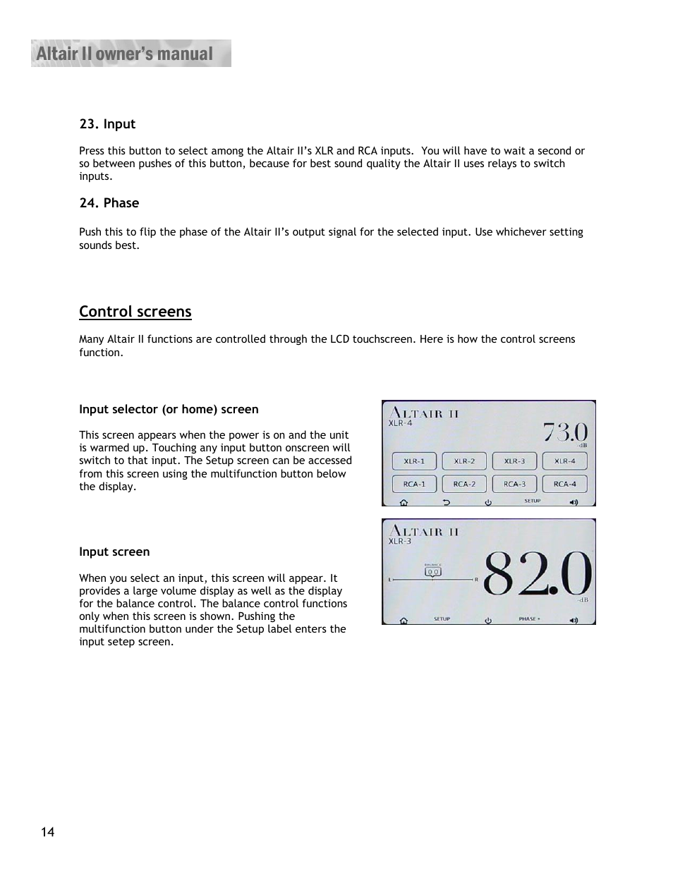 Control screens | Constellation Audio Altair II Line Stage User Manual | Page 14 / 19