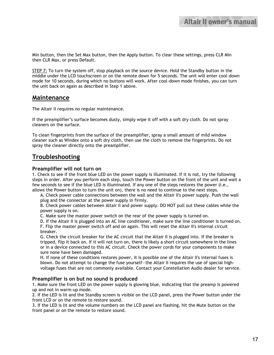 Maintenance, Troubleshooting | Constellation Audio Altair II Line Stage User Manual | Page 17 / 19