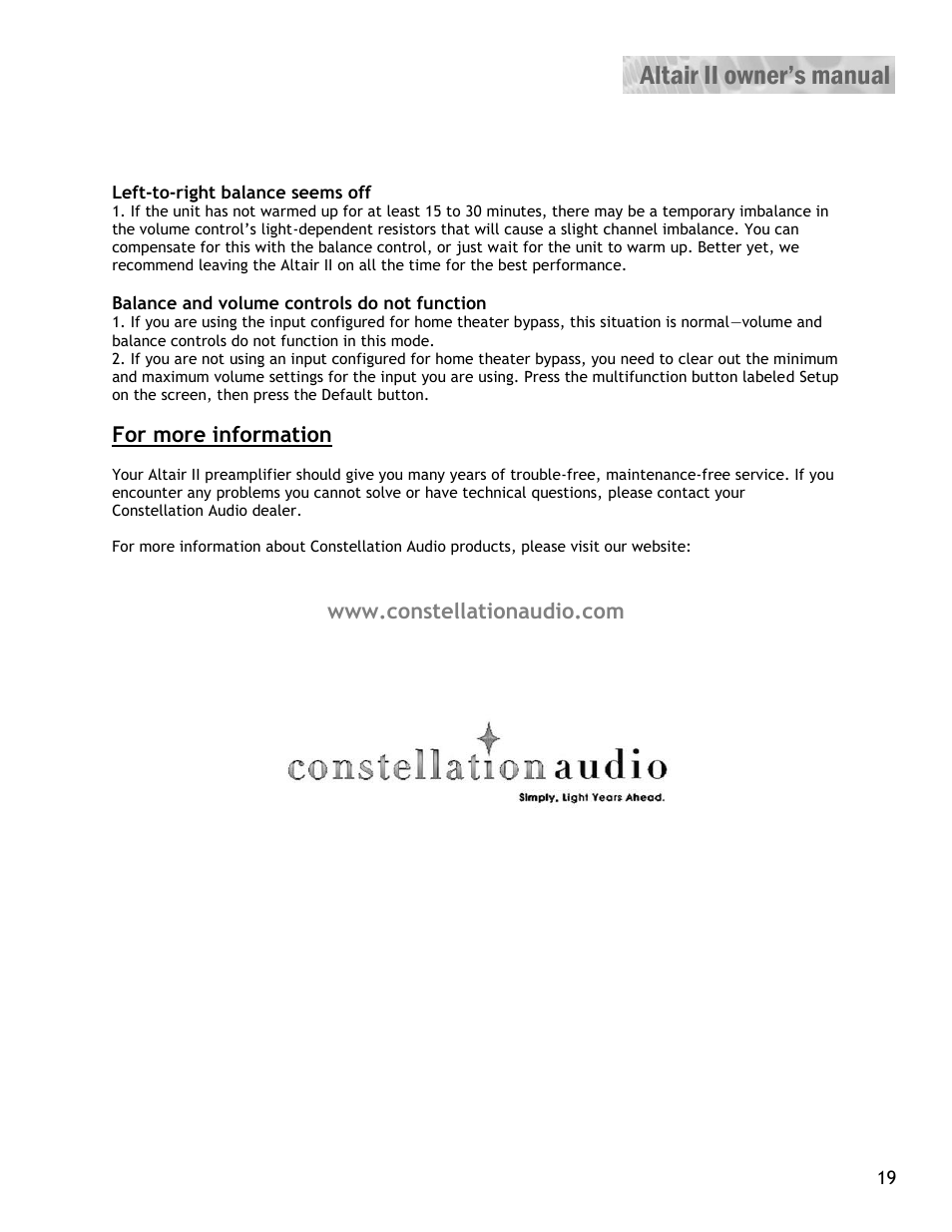 For more information | Constellation Audio Altair II Line Stage User Manual | Page 19 / 19