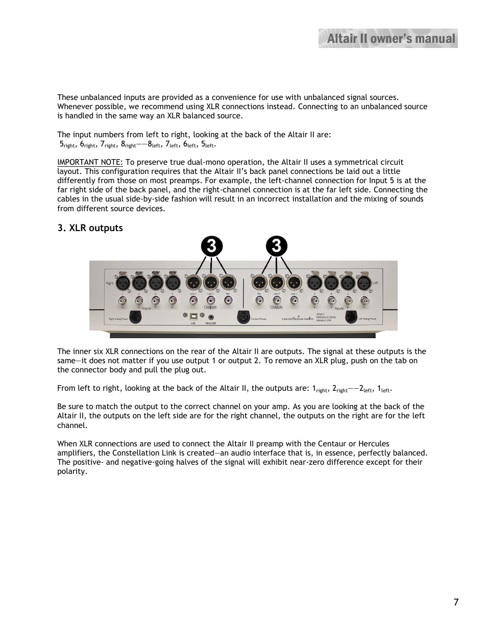 Xlr outputs | Constellation Audio Altair II Line Stage User Manual | Page 7 / 19