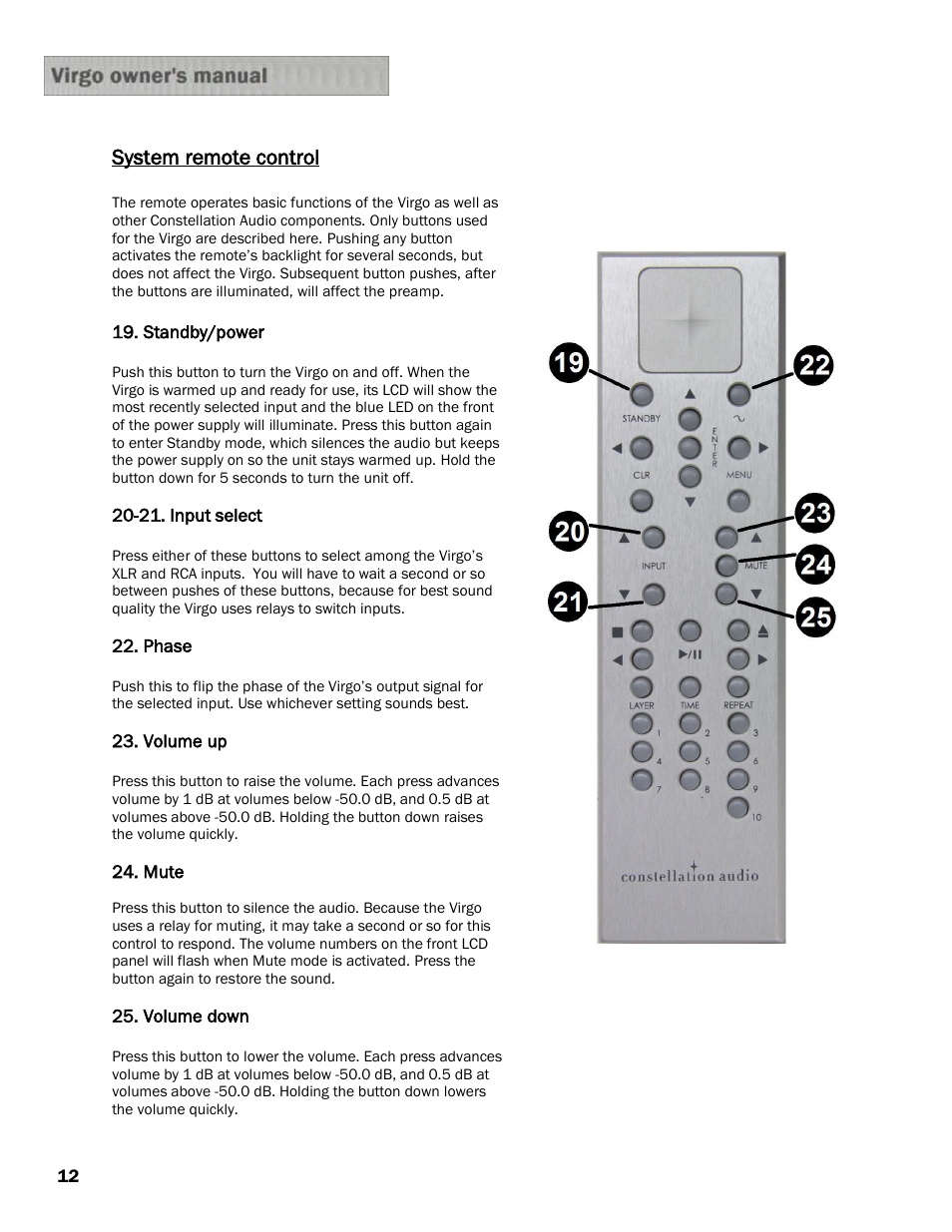 System remote control | Constellation Audio Virgo Preamplifier User Manual | Page 12 / 19
