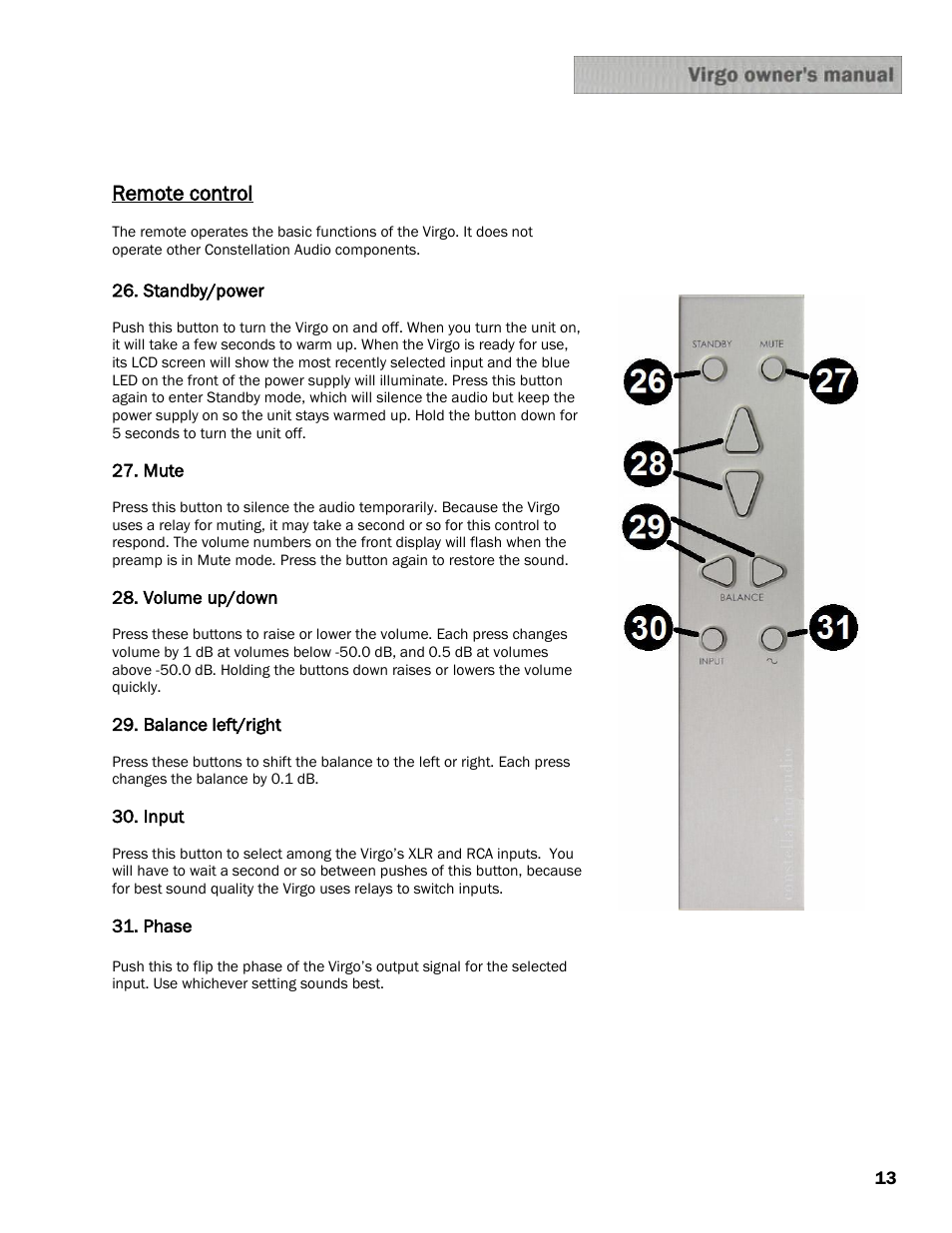 Remote control | Constellation Audio Virgo Preamplifier User Manual | Page 13 / 19