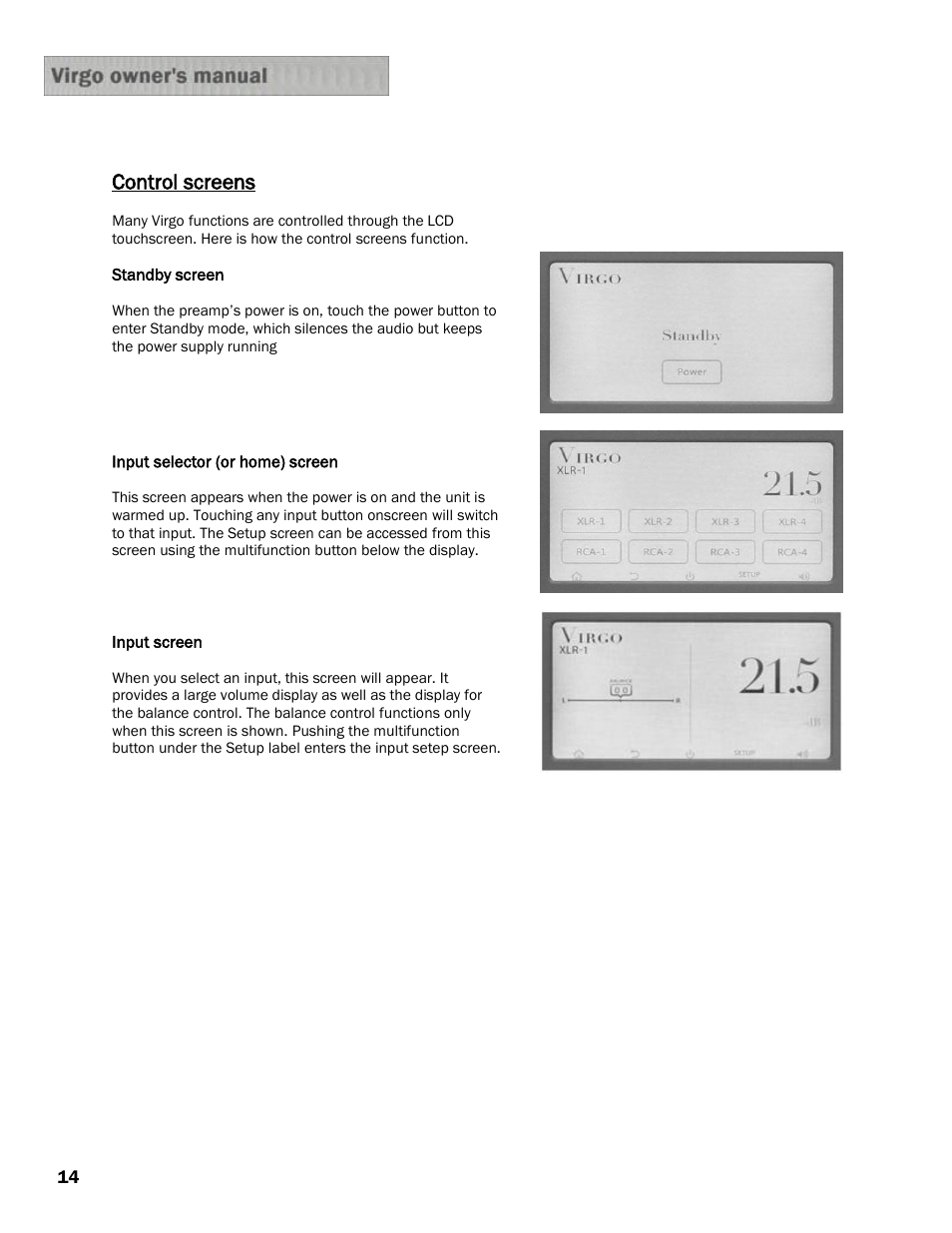 Control screens | Constellation Audio Virgo Preamplifier User Manual | Page 14 / 19