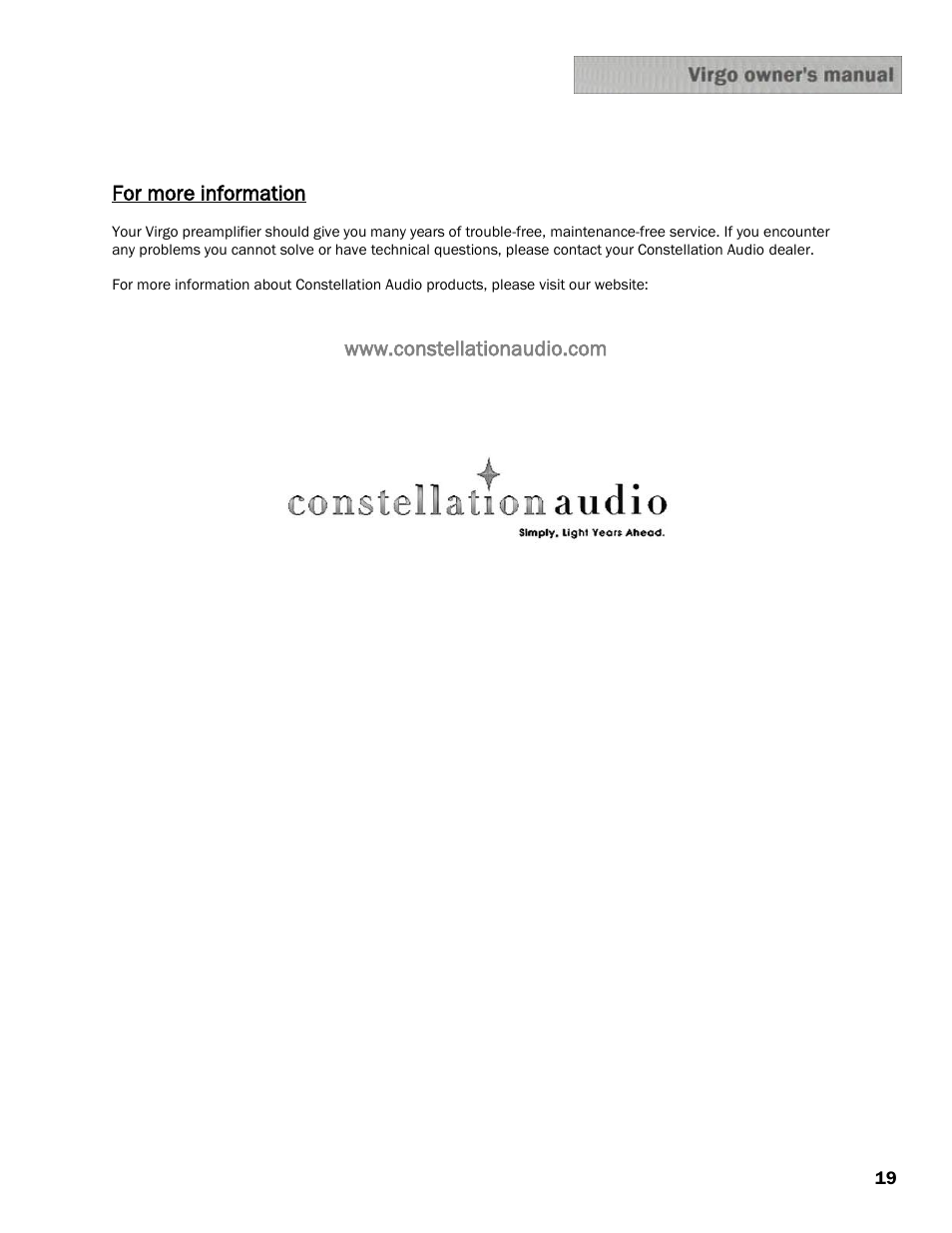 Constellation Audio Virgo Preamplifier User Manual | Page 19 / 19