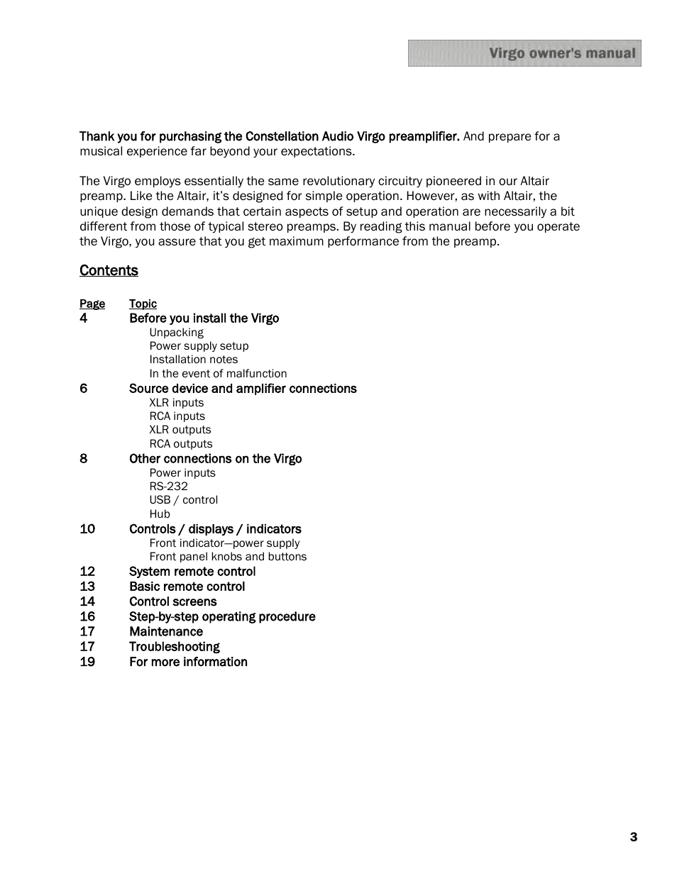 Constellation Audio Virgo Preamplifier User Manual | Page 3 / 19