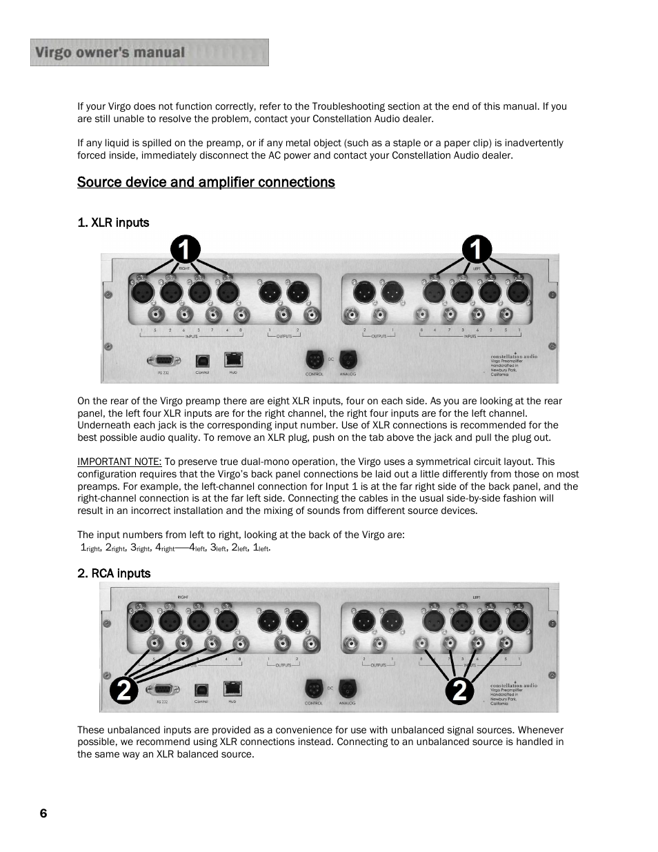 Source device and amplifier connections | Constellation Audio Virgo Preamplifier User Manual | Page 6 / 19