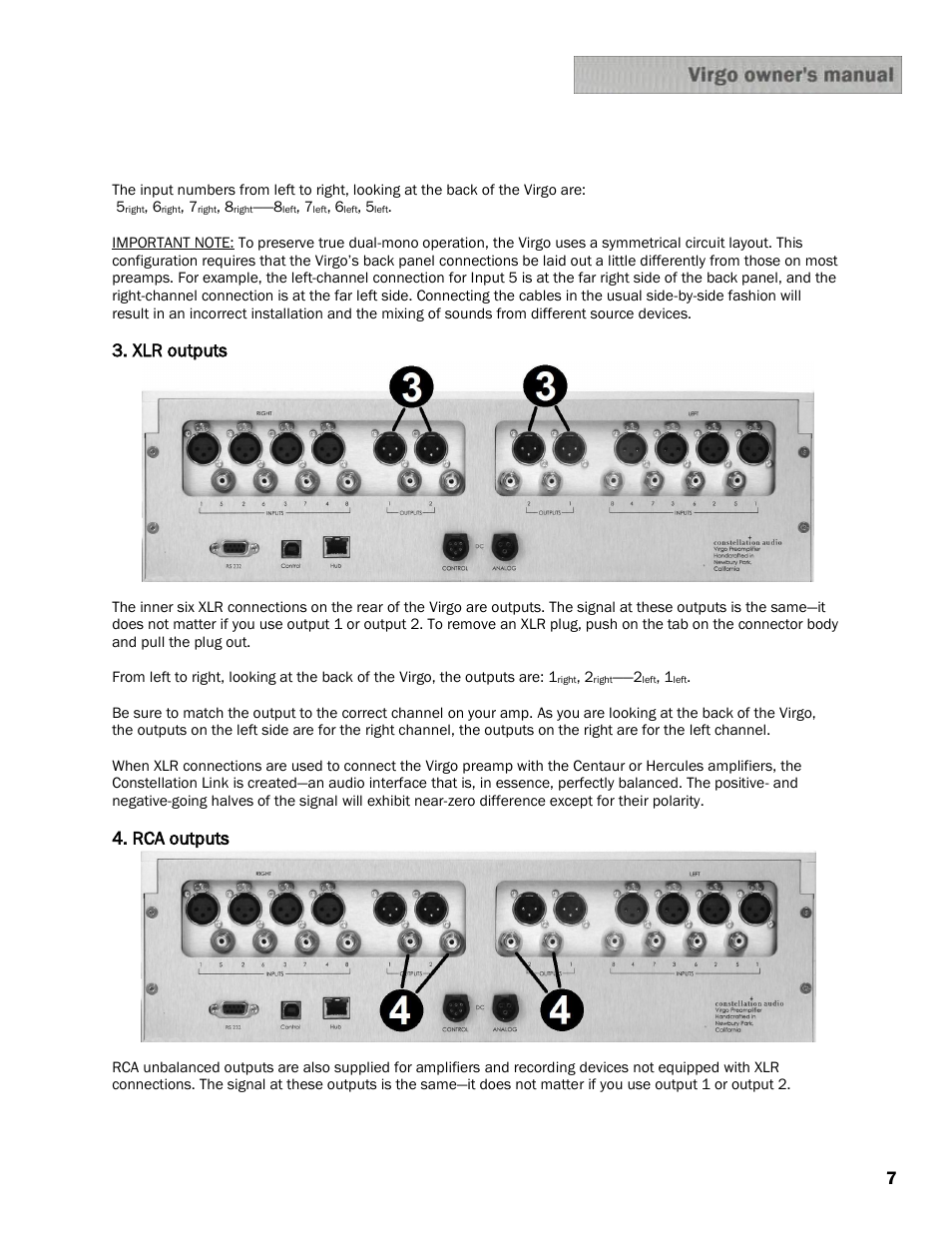 Xlr outputs, Rca outputs | Constellation Audio Virgo Preamplifier User Manual | Page 7 / 19