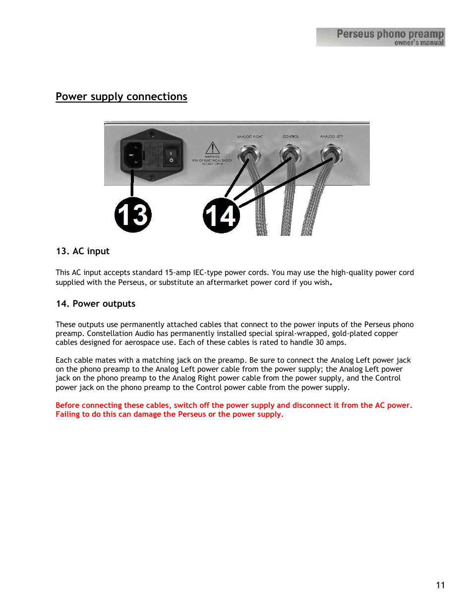 Power supply connections | Constellation Audio Perseus Phono Preamplifier User Manual | Page 11 / 19