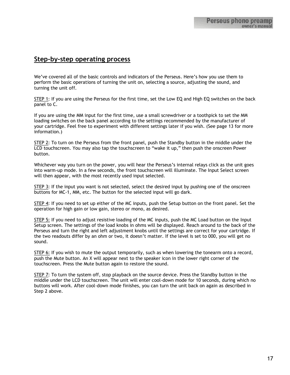 Step-by-step operating process | Constellation Audio Perseus Phono Preamplifier User Manual | Page 17 / 19