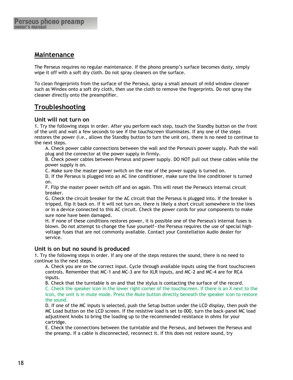 Maintenance, Troubleshooting | Constellation Audio Perseus Phono Preamplifier User Manual | Page 18 / 19