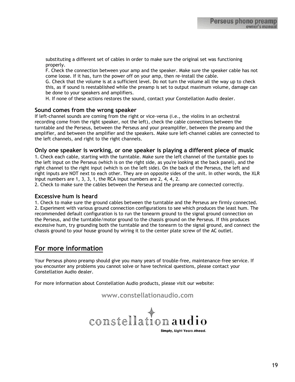 For more information | Constellation Audio Perseus Phono Preamplifier User Manual | Page 19 / 19