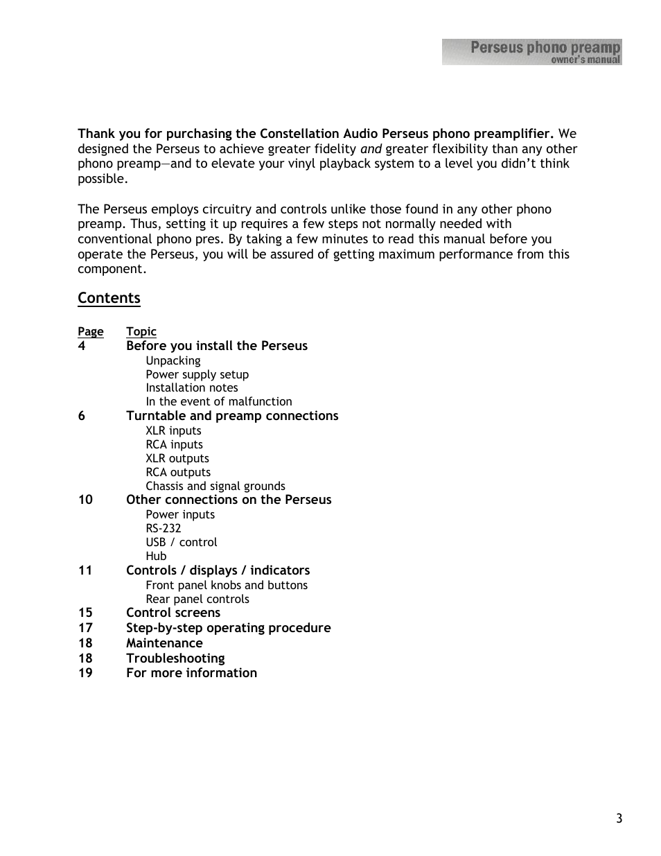 Constellation Audio Perseus Phono Preamplifier User Manual | Page 3 / 19