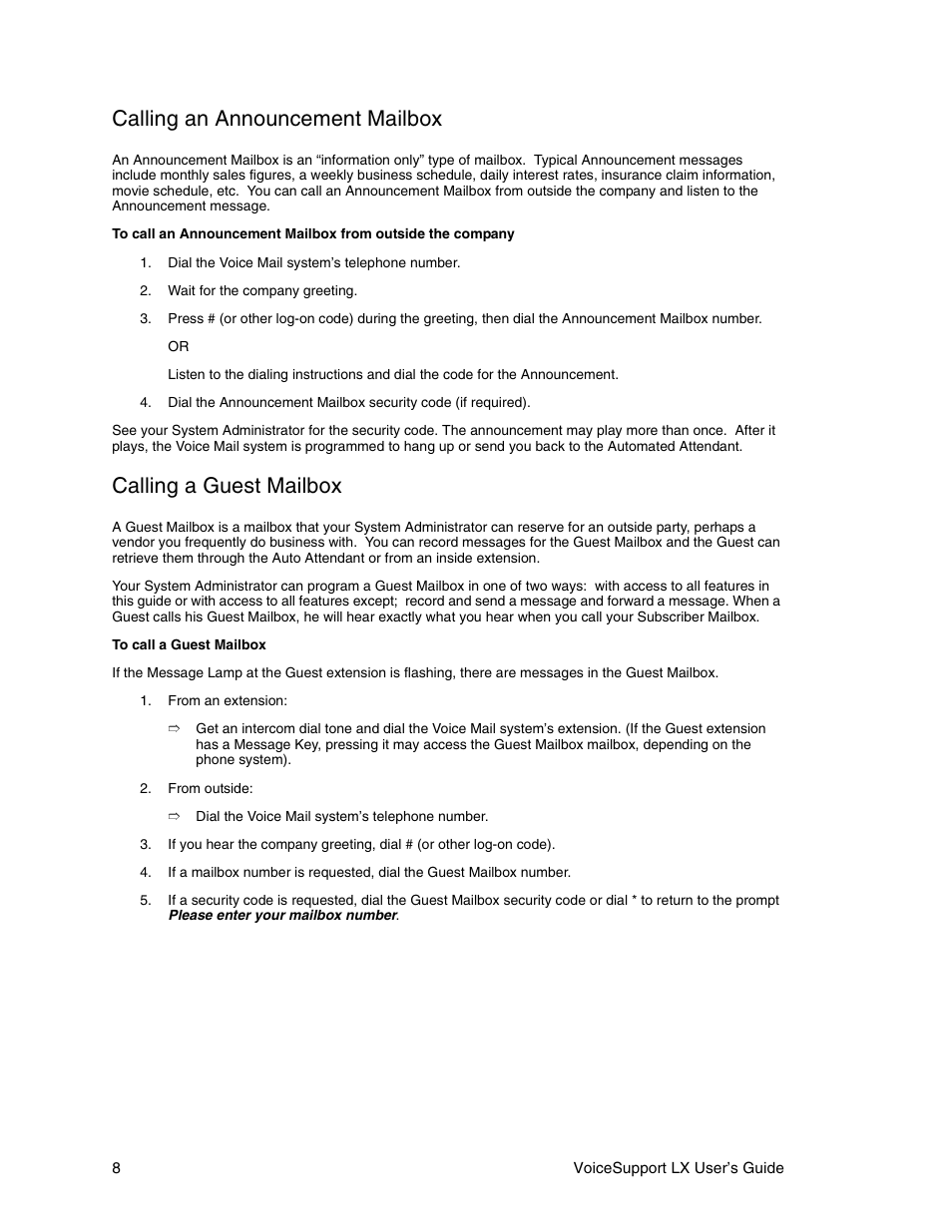 Calling an announcement mailbox, Calling a guest mailbox | CTL LX VoiceSupport User Manual | Page 10 / 40