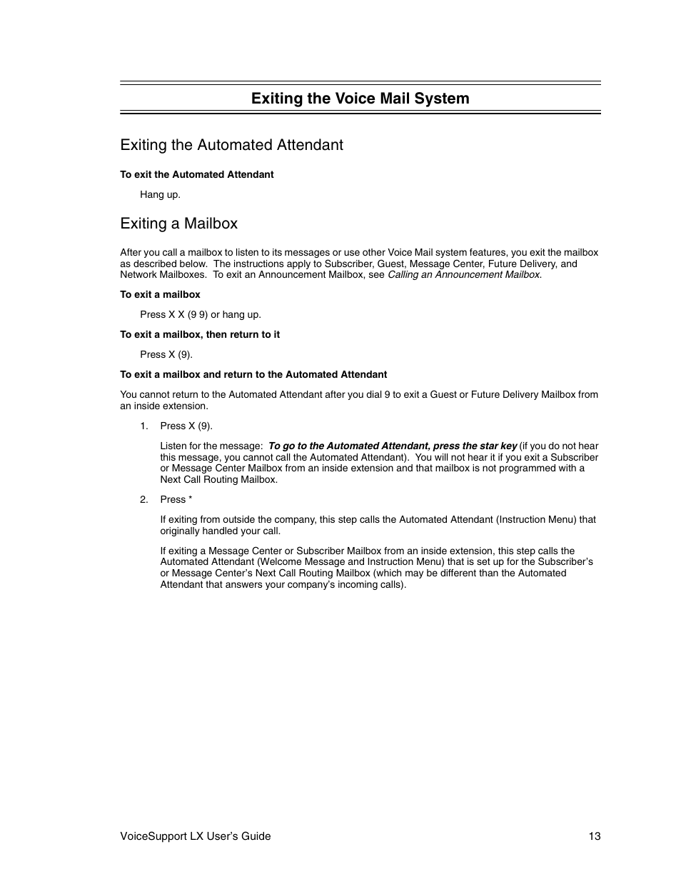 Exiting the voice mail system, Exiting the automated attendant, Exiting a mailbox | CTL LX VoiceSupport User Manual | Page 15 / 40