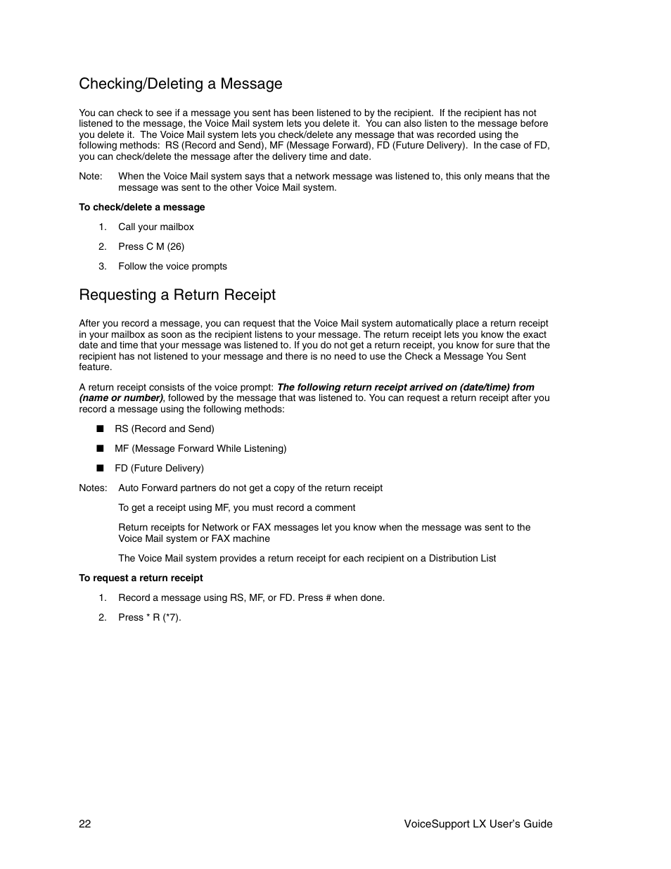 Checking/deleting a message, Requesting a return receipt | CTL LX VoiceSupport User Manual | Page 24 / 40