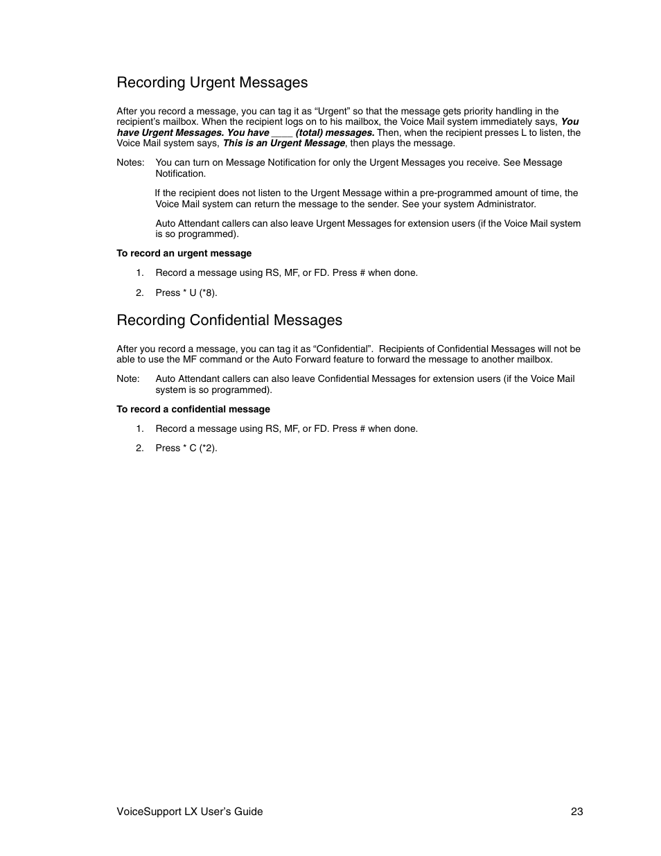 Recording urgent messages, Recording confidential messages | CTL LX VoiceSupport User Manual | Page 25 / 40
