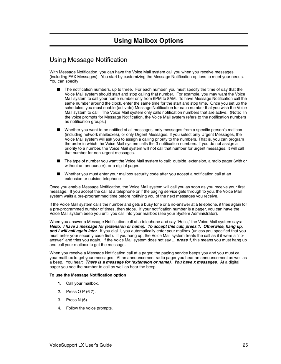 Using mailbox options, Using message notification, Using mailbox options using message notification | CTL LX VoiceSupport User Manual | Page 27 / 40