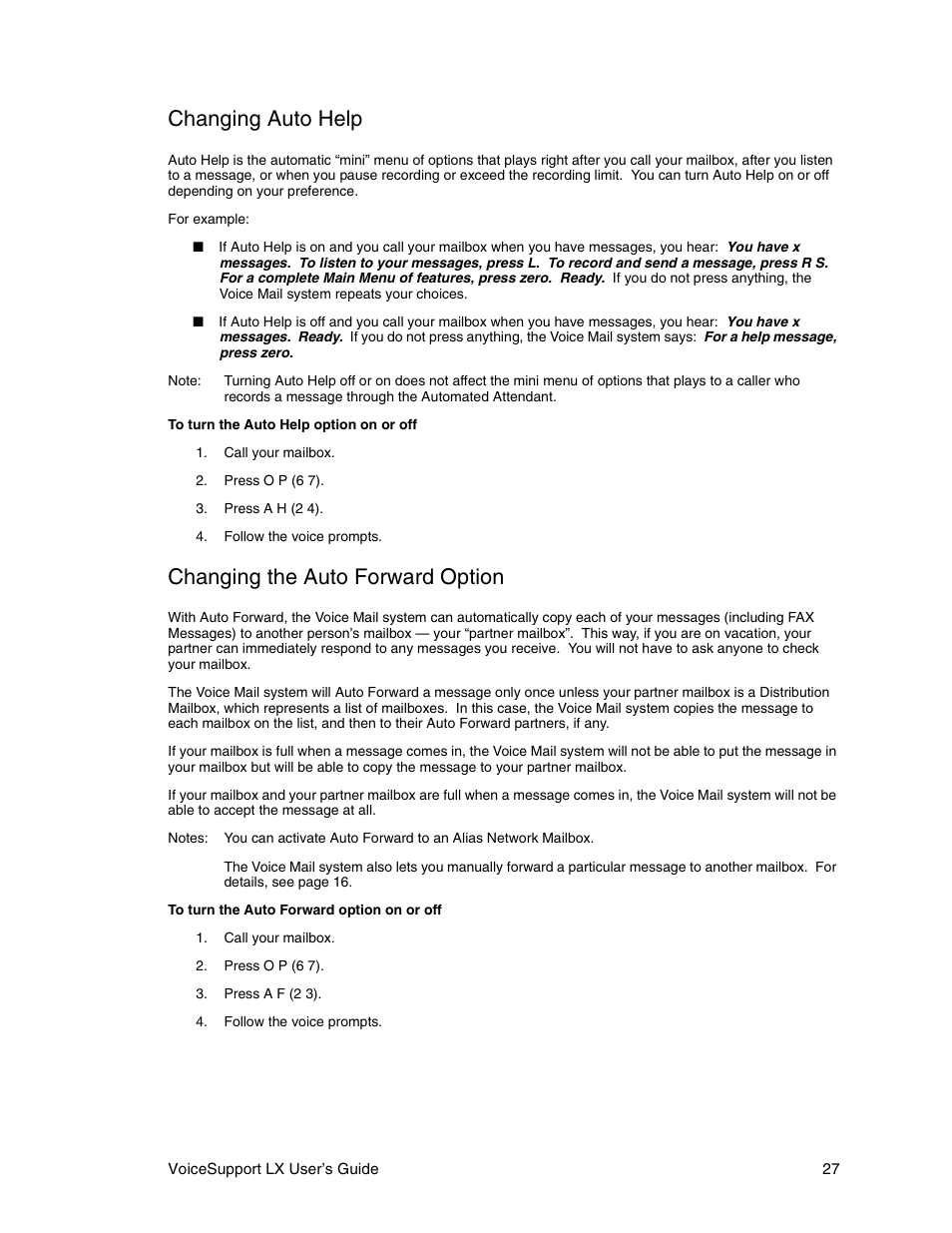 Changing auto help, Changing the auto forward option | CTL LX VoiceSupport User Manual | Page 29 / 40