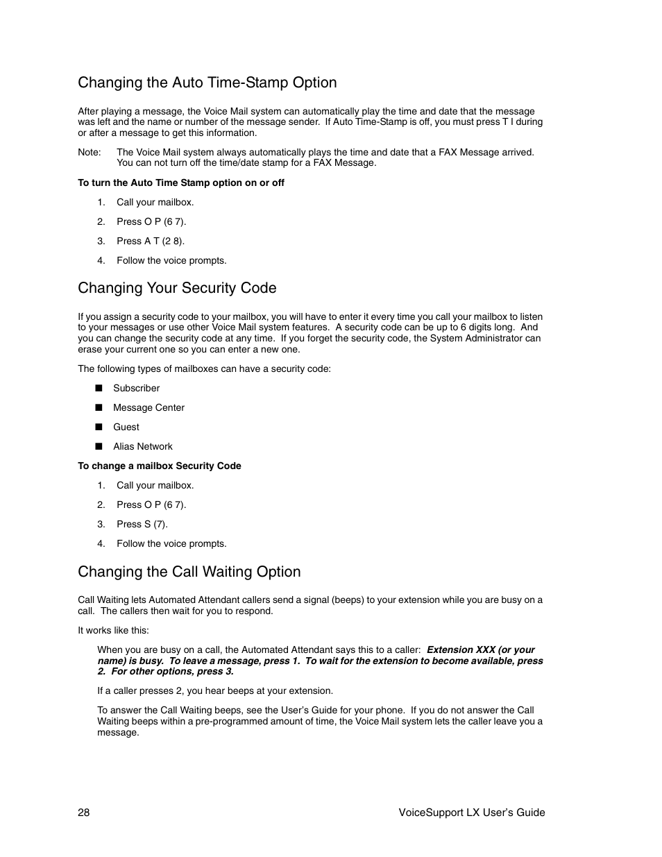 Changing the auto time-stamp option, Changing your security code, Changing the call waiting option | CTL LX VoiceSupport User Manual | Page 30 / 40