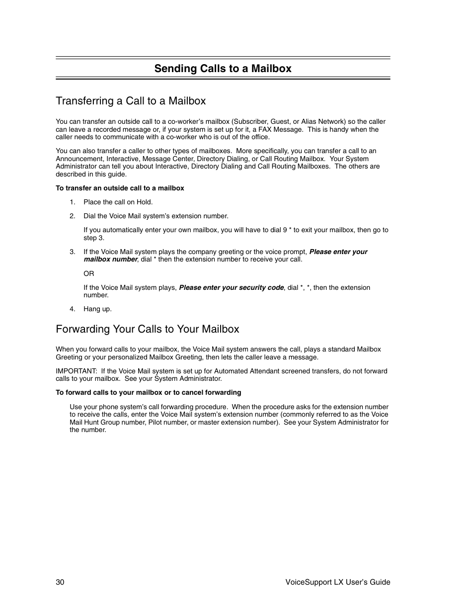 Sending calls to a mailbox, Transferring a call to a mailbox, Forwarding your calls to your mailbox | CTL LX VoiceSupport User Manual | Page 32 / 40