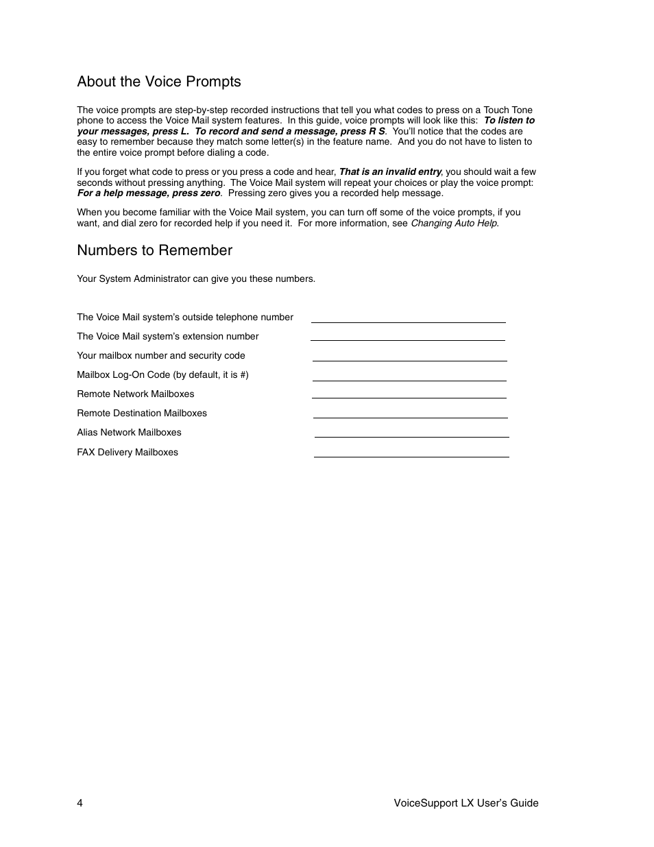 About the voice prompts, Numbers to remember | CTL LX VoiceSupport User Manual | Page 6 / 40