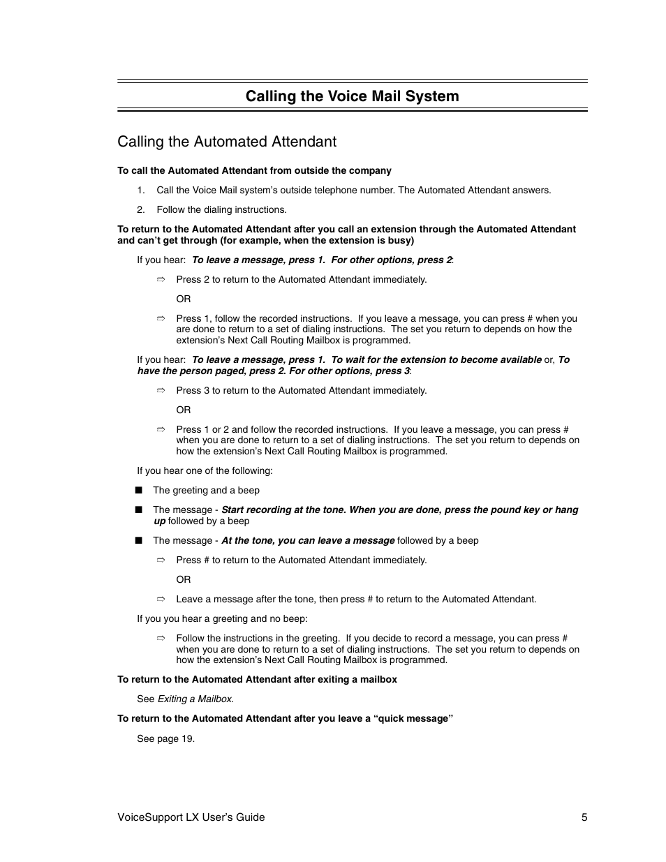 Calling the voice mail system, Calling the automated attendant | CTL LX VoiceSupport User Manual | Page 7 / 40