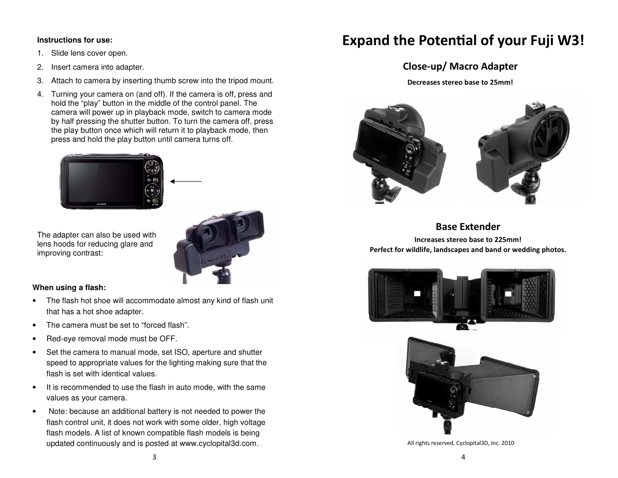 Expand the potenɵal of your fuji w3, Close-up/ macro adapter, Base extender | Cyclopital3D Fuji W3 Auxiliary Lens Adapter User Manual | Page 2 / 2
