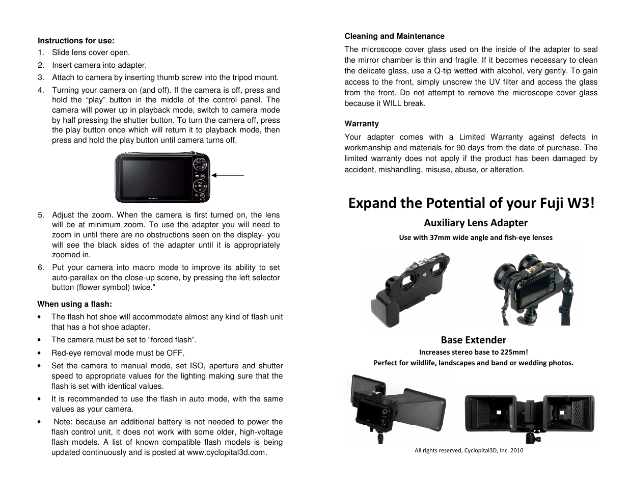 Expand the potenɵal of your fuji w3, Auxiliary lens adapter, Base extender | Cyclopital3D Fuji W3 Close-up Macro Adapter User Manual | Page 2 / 2
