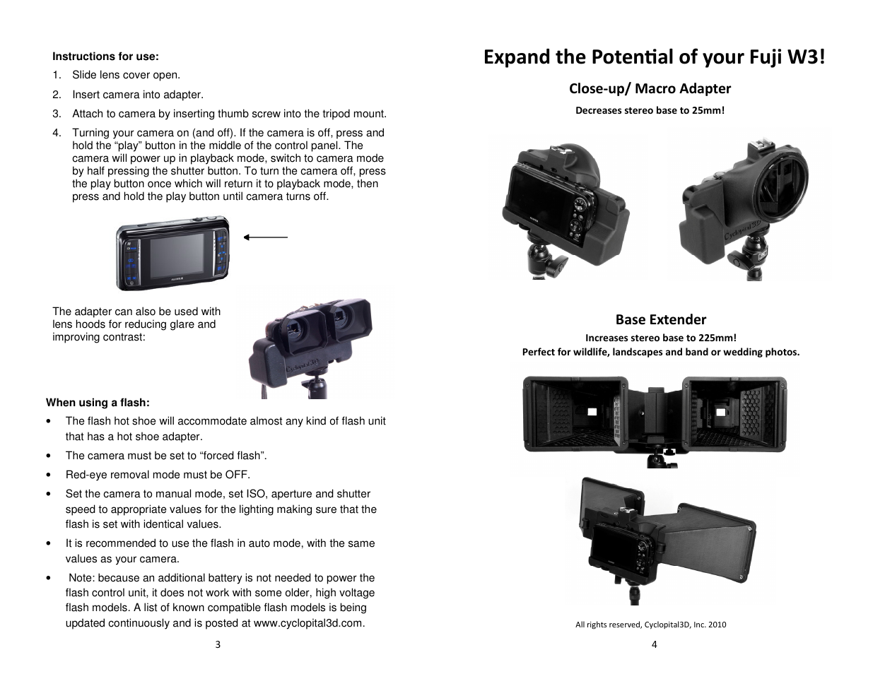 Expand the potenɵal of your fuji w3, Close-up/ macro adapter, Base extender | Cyclopital3D Fuji W1 Auxiliary Lens Adapter User Manual | Page 2 / 2