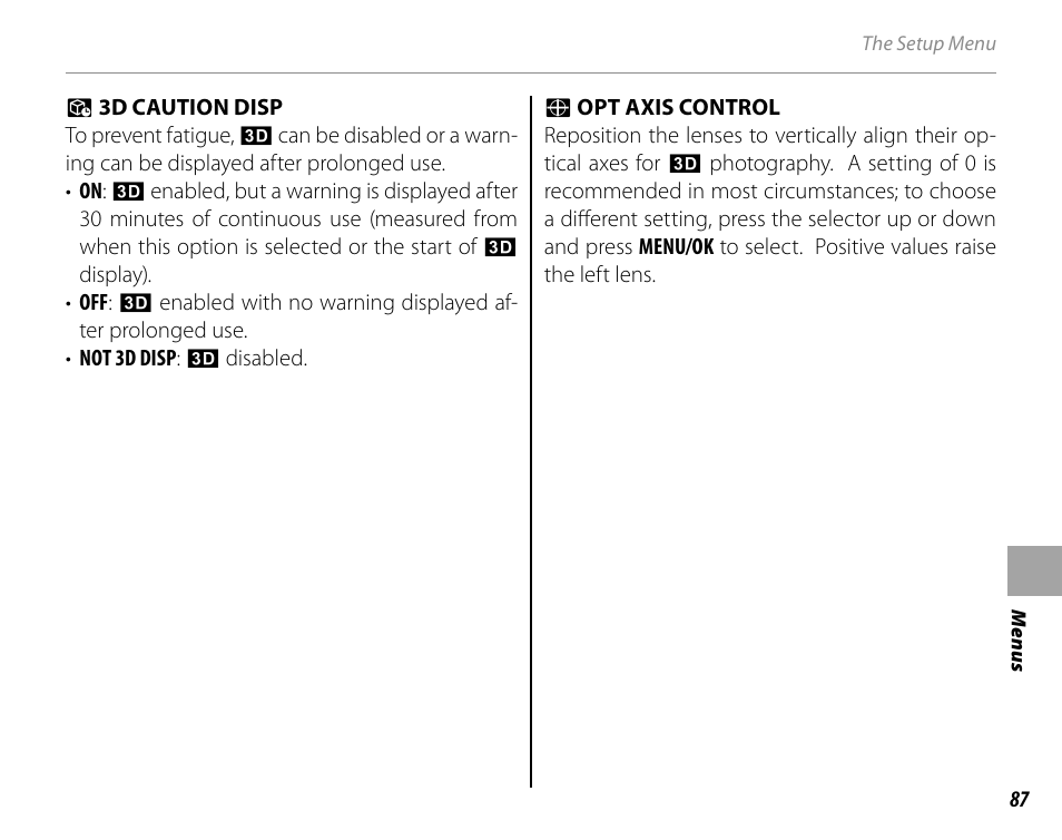 3d caution disp, Opt axis control | Cyclopital3D FinePix Real 3D W1 camera User Manual | Page 101 / 128