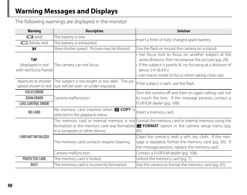 Warning messages and displays | Cyclopital3D FinePix Real 3D W1 camera User Manual | Page 112 / 128