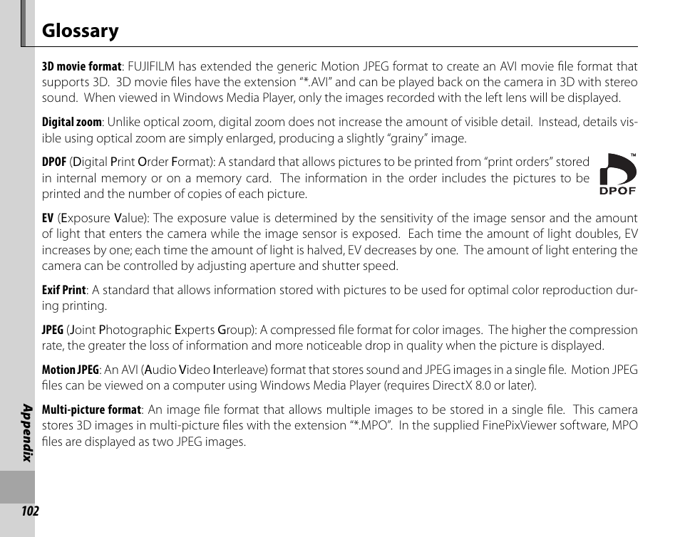 Appendix, Glossary | Cyclopital3D FinePix Real 3D W1 camera User Manual | Page 116 / 128