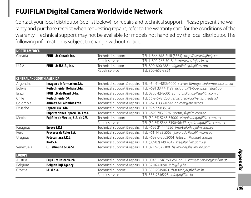 Fujifilm digital camera worldwide network | Cyclopital3D FinePix Real 3D W1 camera User Manual | Page 123 / 128