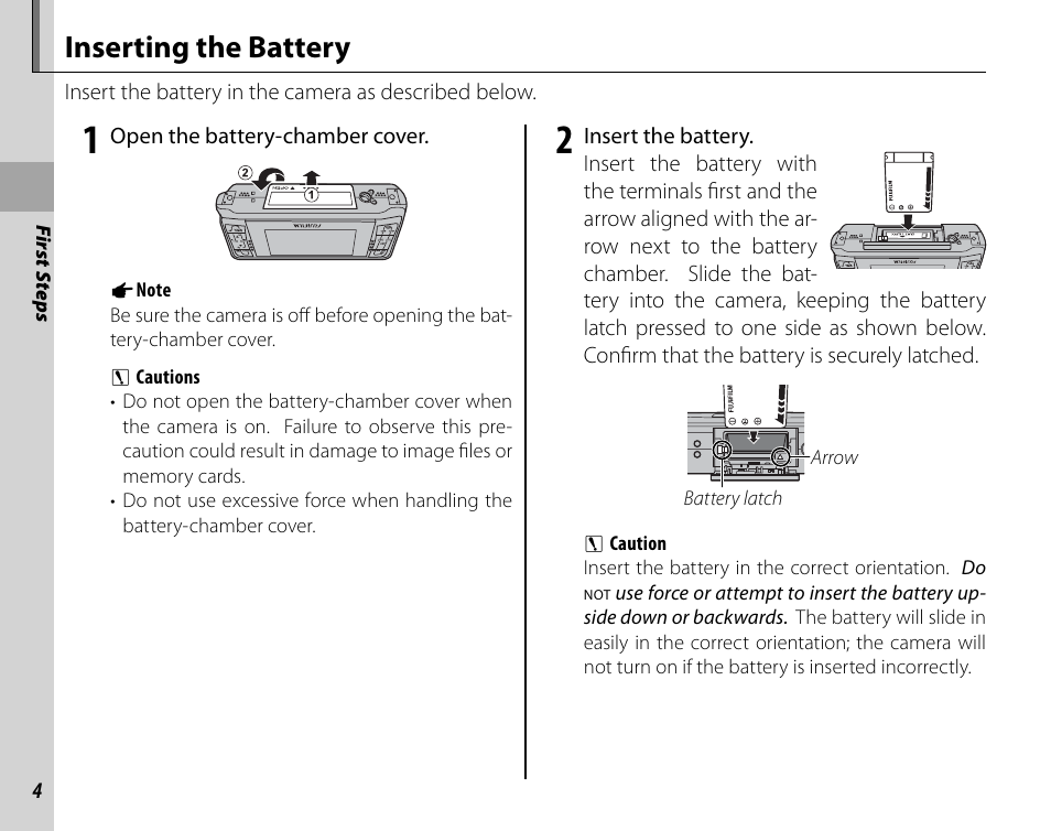 First steps, Inserting the battery | Cyclopital3D FinePix Real 3D W1 camera User Manual | Page 18 / 128