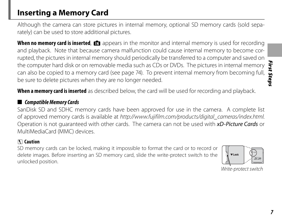Inserting a memory card | Cyclopital3D FinePix Real 3D W1 camera User Manual | Page 21 / 128