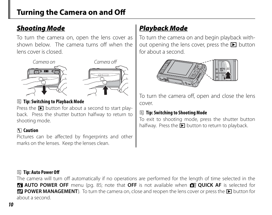 Turning the camera on and off, Shooting mode, Playback mode | Cyclopital3D FinePix Real 3D W1 camera User Manual | Page 24 / 128