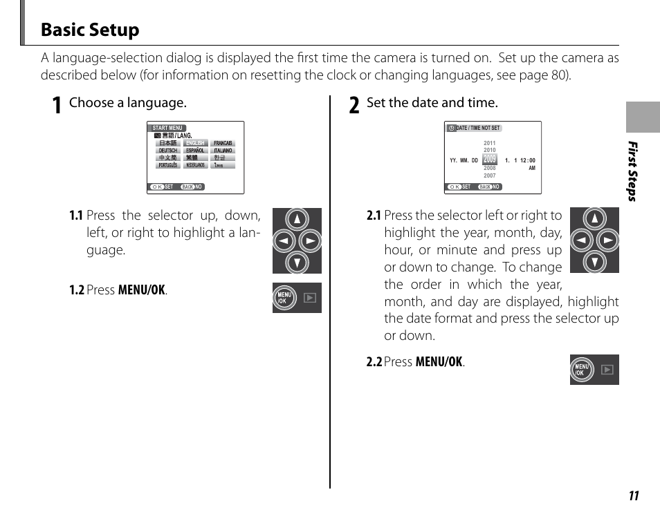 Basic setup, Choose a language, Set the date and time | Cyclopital3D FinePix Real 3D W1 camera User Manual | Page 25 / 128