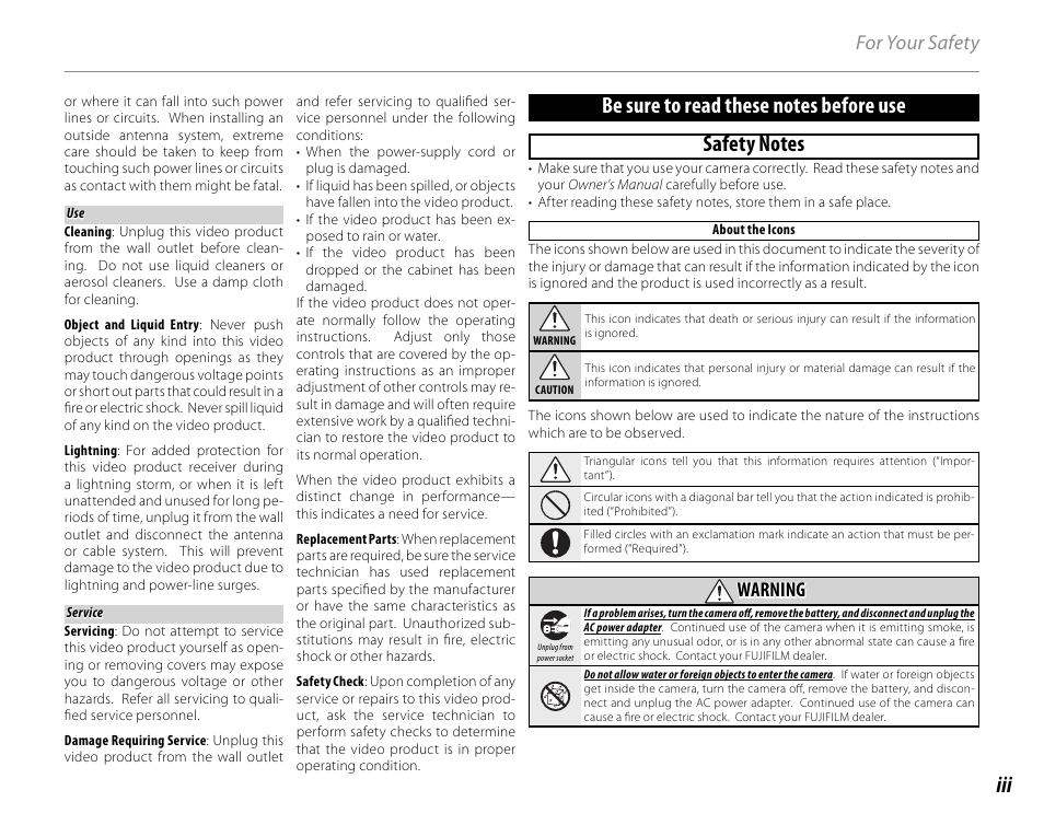Safety notes, For your safety, Warning | Cyclopital3D FinePix Real 3D W1 camera User Manual | Page 3 / 128