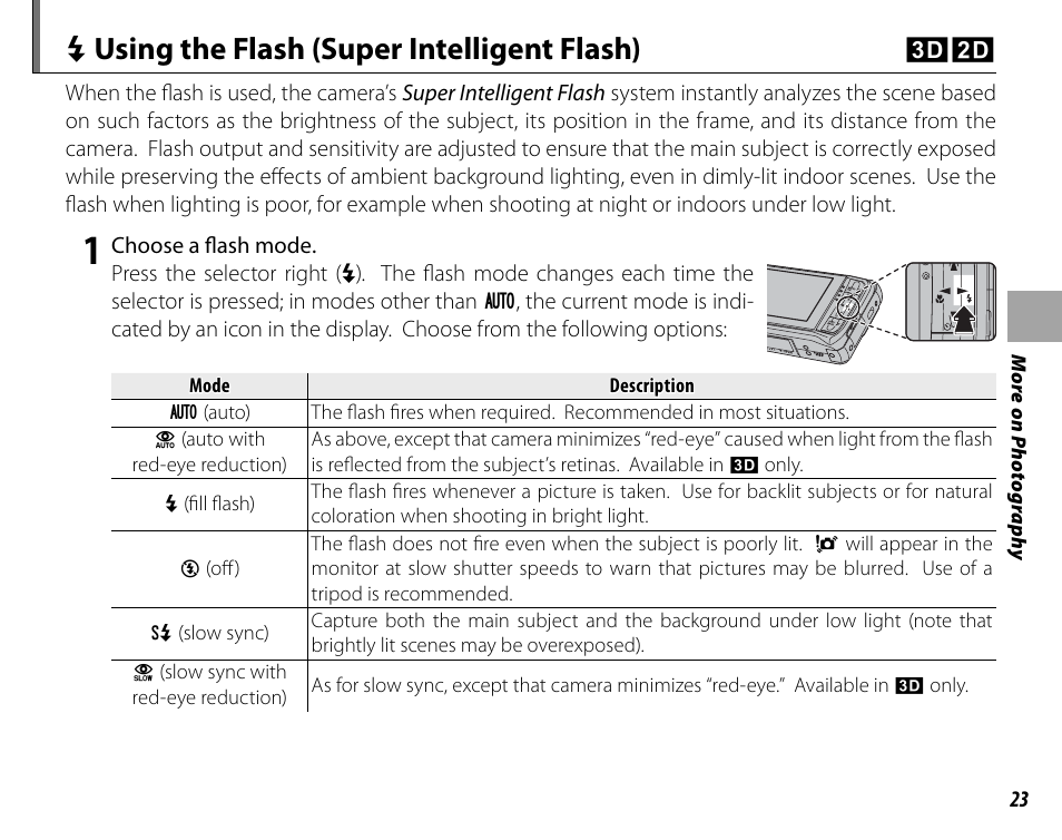 Using the flash (super intelligent flash) (3d, 2d), N using the flash (super intelligent flash) cd | Cyclopital3D FinePix Real 3D W1 camera User Manual | Page 37 / 128
