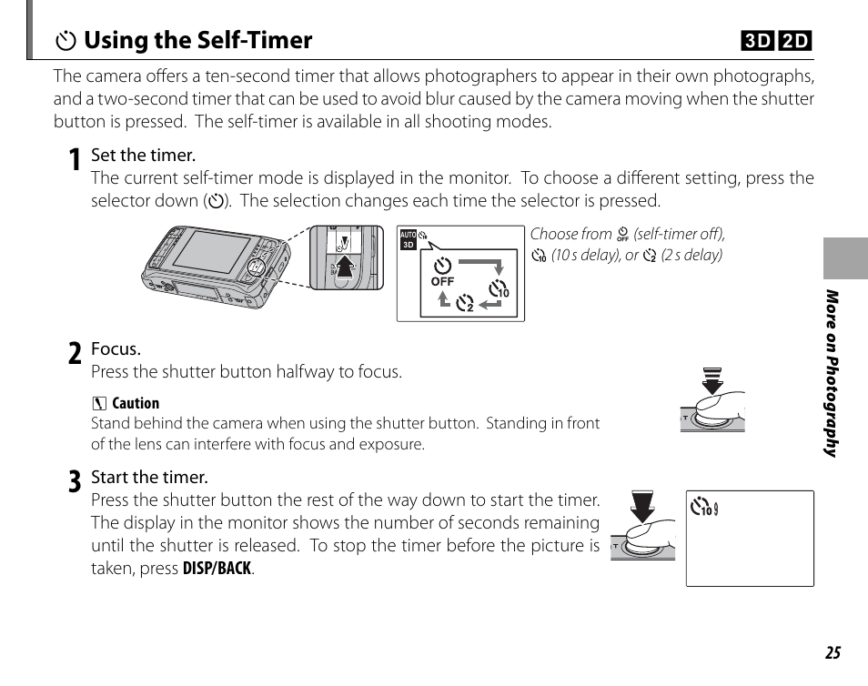 Using the self-timer (3d, 2d), H using the self-timer cd | Cyclopital3D FinePix Real 3D W1 camera User Manual | Page 39 / 128