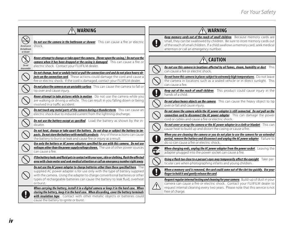 For your safety warning warning, Warning, Caution | Cyclopital3D FinePix Real 3D W1 camera User Manual | Page 4 / 128